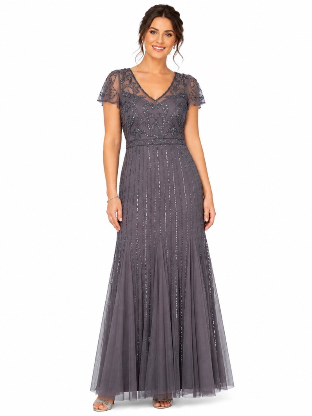 Adrianna Papell Charcoal Gray Beaded V-Neck Tulle Gown